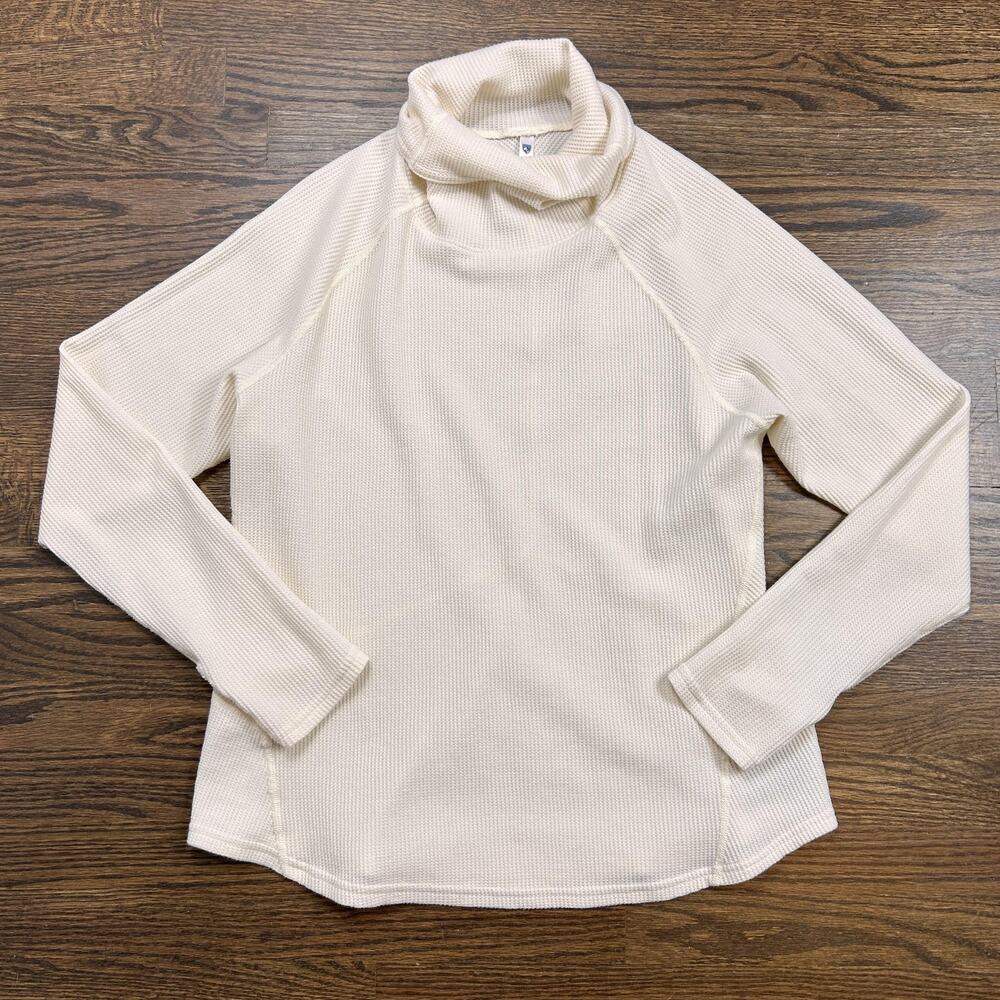 Kuhl Thermal Shirt Women Large White Cowl Neck Waffle Knit Long Sleeve Thumbhole